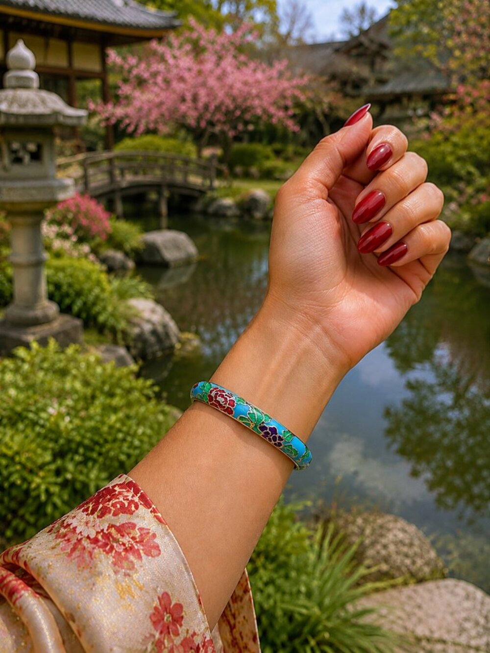 Cloisonne Bangle Bracelet in Blue Foral